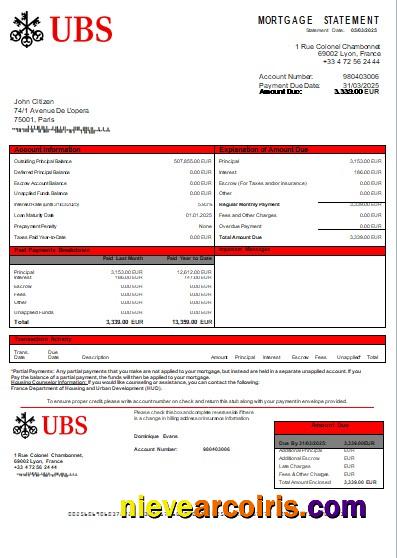 France UBS bank mortgage statement